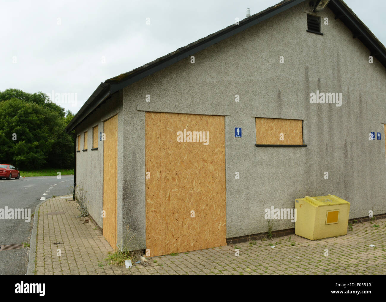 Closed Toilets Blocks on A39 Boarded Up Toilet Blocks Closed Rest Areas Spending Cuts Devon County Council Litter North Devon Stock Photo