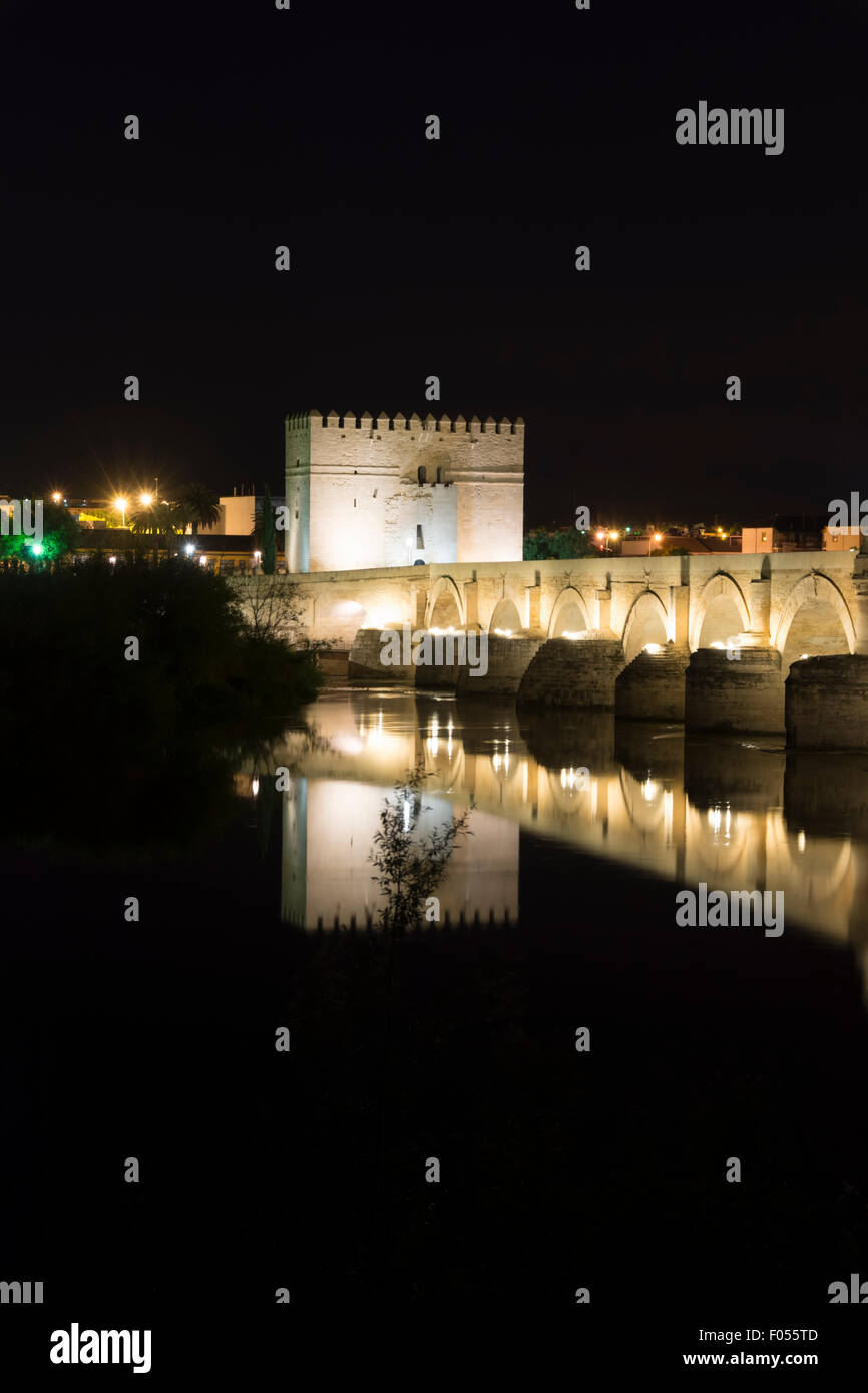 The Puente Romano de Córdoba or Roman Bridge over the Río or River Guadalquivir, in Córdoba or Cordoba in Spain at night Stock Photo