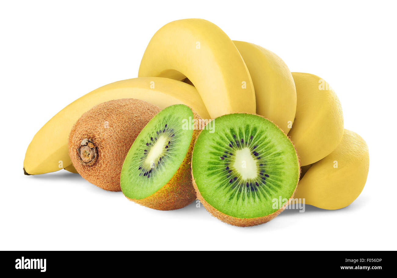Kiwi and bananas isolated on white Stock Photo
