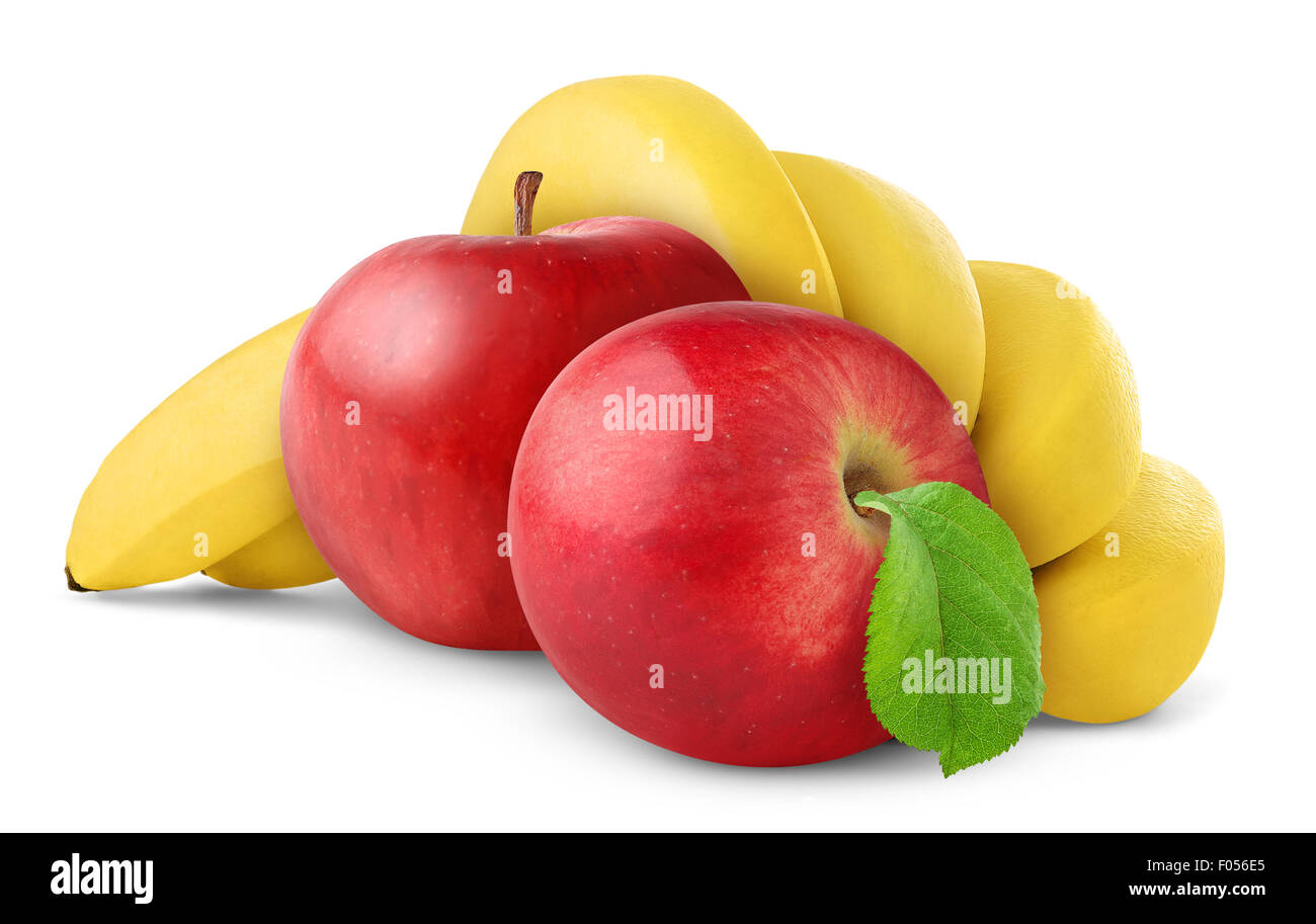 Bananas and apples isolated on white Stock Photo