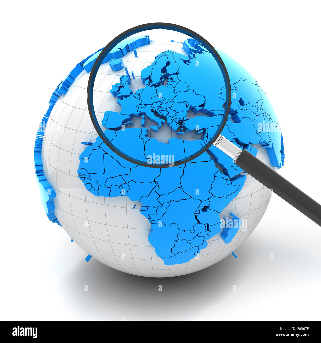 Globe with magnifying glass over Europe Stock Photo