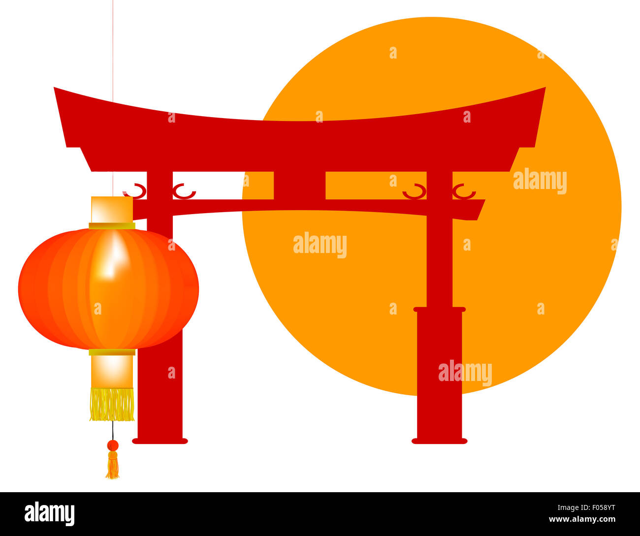 A typical Japanese Tori gate silhouette over white with lantern and sun Stock Photo