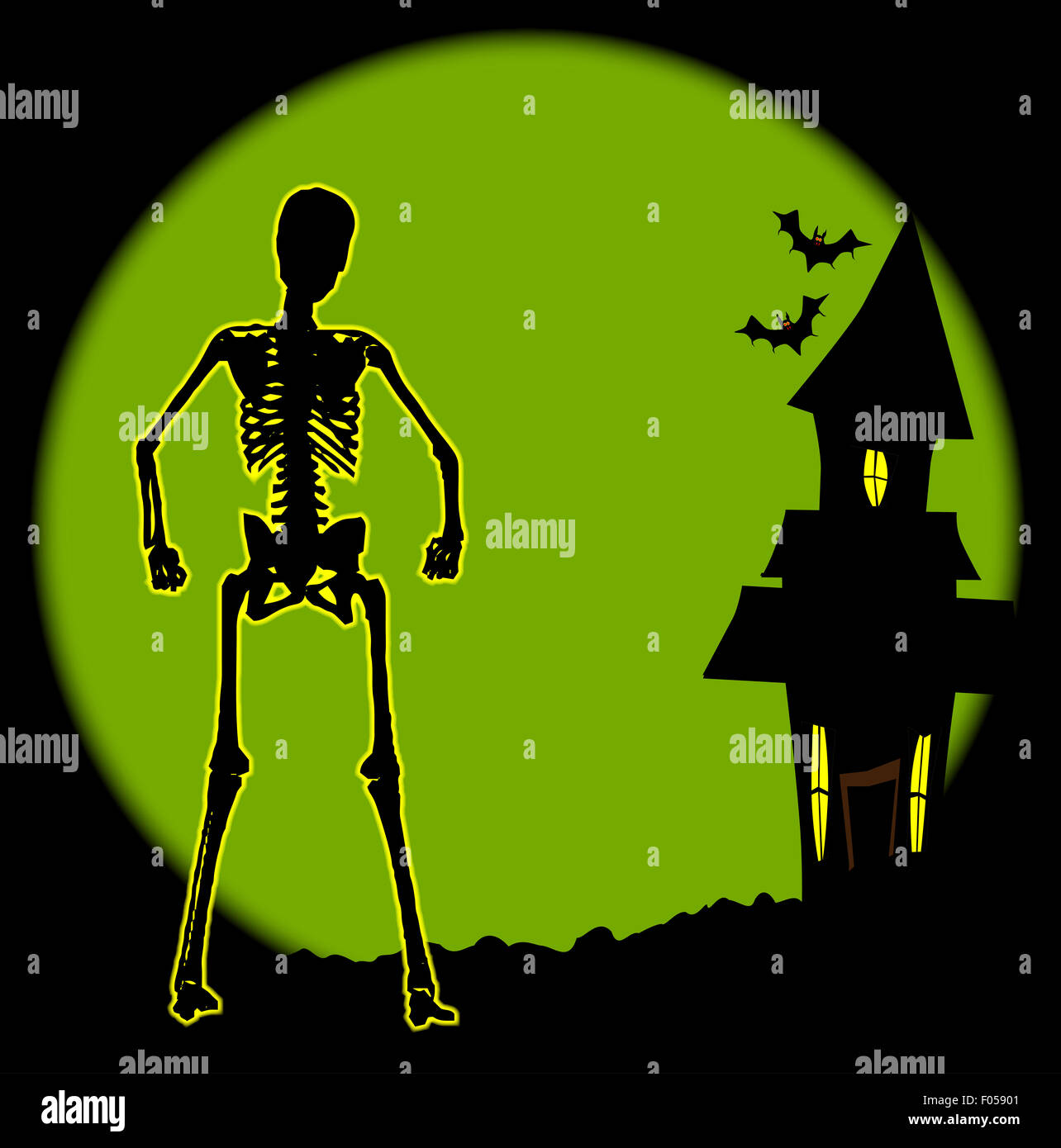 A haunted house and skeleton over a large Halloween moon Stock Photo