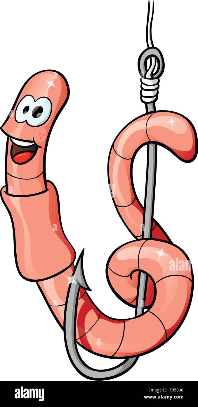 Cartoon worm on a hook, vector illustration Stock Vector