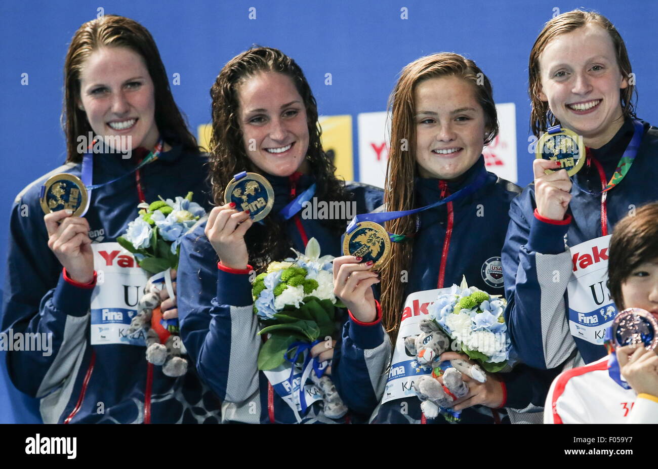 Kazan Russia 6th Aug 2015 Gold Medal Winners Missy Franklin Leah Smith Katie Mclaughlin And Katie Ledecky L R Of The United States Usa During The Medal Ceremony For The Ladies 4x200m Freestyle