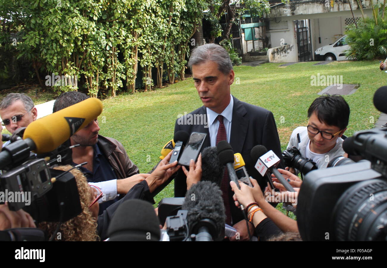 Reunion Island, France. 7th Aug, 2015. Dominique Sorain, La Reunion's administrator, talks to media after a press conference on search plan for MH370 debris in Reunion Island, on Aug. 7, 2015. Authority of France's oversea island La Reunion has confirmed the plan of search for more MH370 parts and said the search will last for at least one week. Credit:  Romain Latournerie/Xinhua/Alamy Live News Stock Photo
