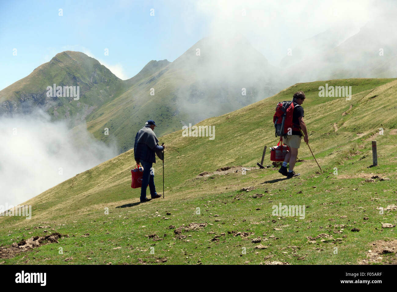 Walkers at Col D'Aubisque on the Tour de France route in French Pyrenees Stock Photo