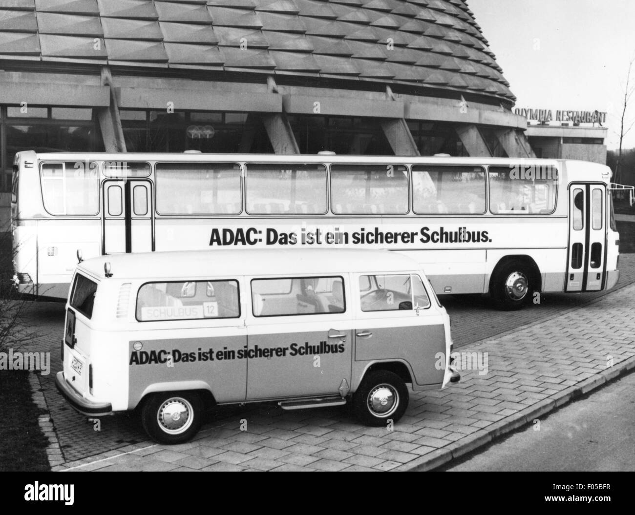 transport / transportation, public transport, bus, school busses of the ADAC, Rudi-Sedlmayr-Halle, Munich, 1970s, Additional-Rights-Clearences-Not Available Stock Photo