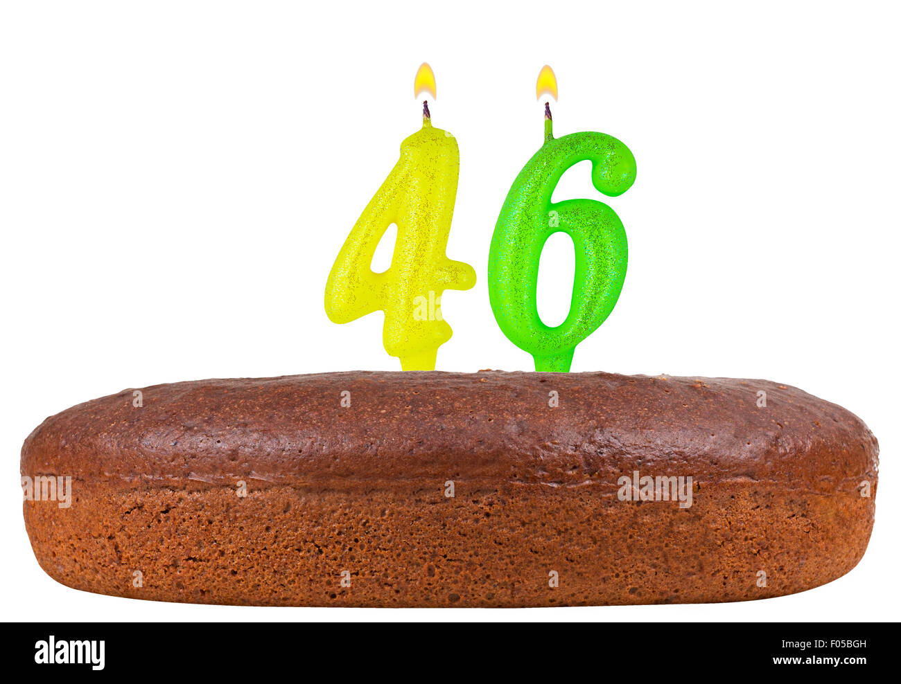 birthday cake with candles number 46 isolated on white background Stock Photo