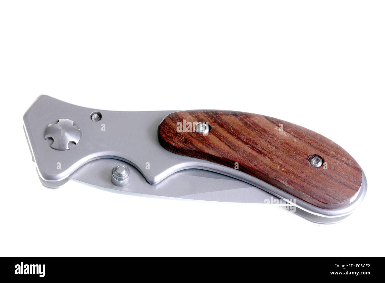 Pocket knife with wood handle isolated on white Stock Photo