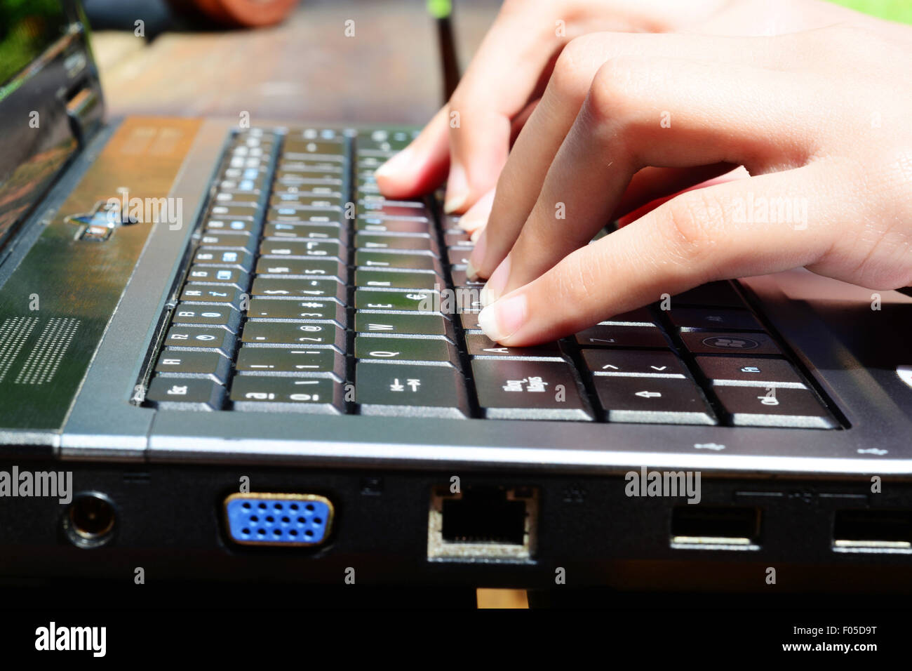 Female hands over a laptop keyboard Stock Photo