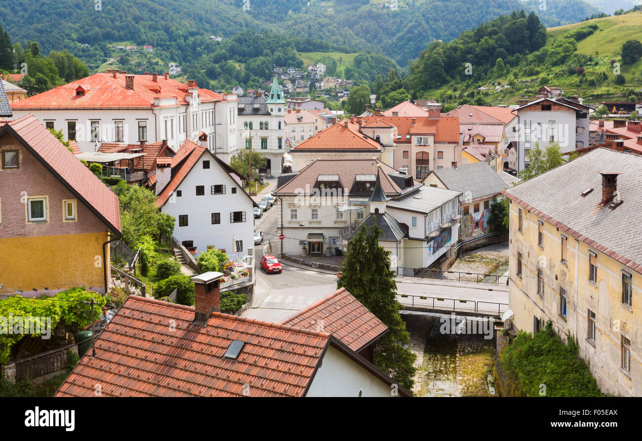Idrija, Slovenian Littoral, Slovenia.  View towards centre of town from Gewerkenegg castle. Stock Photo