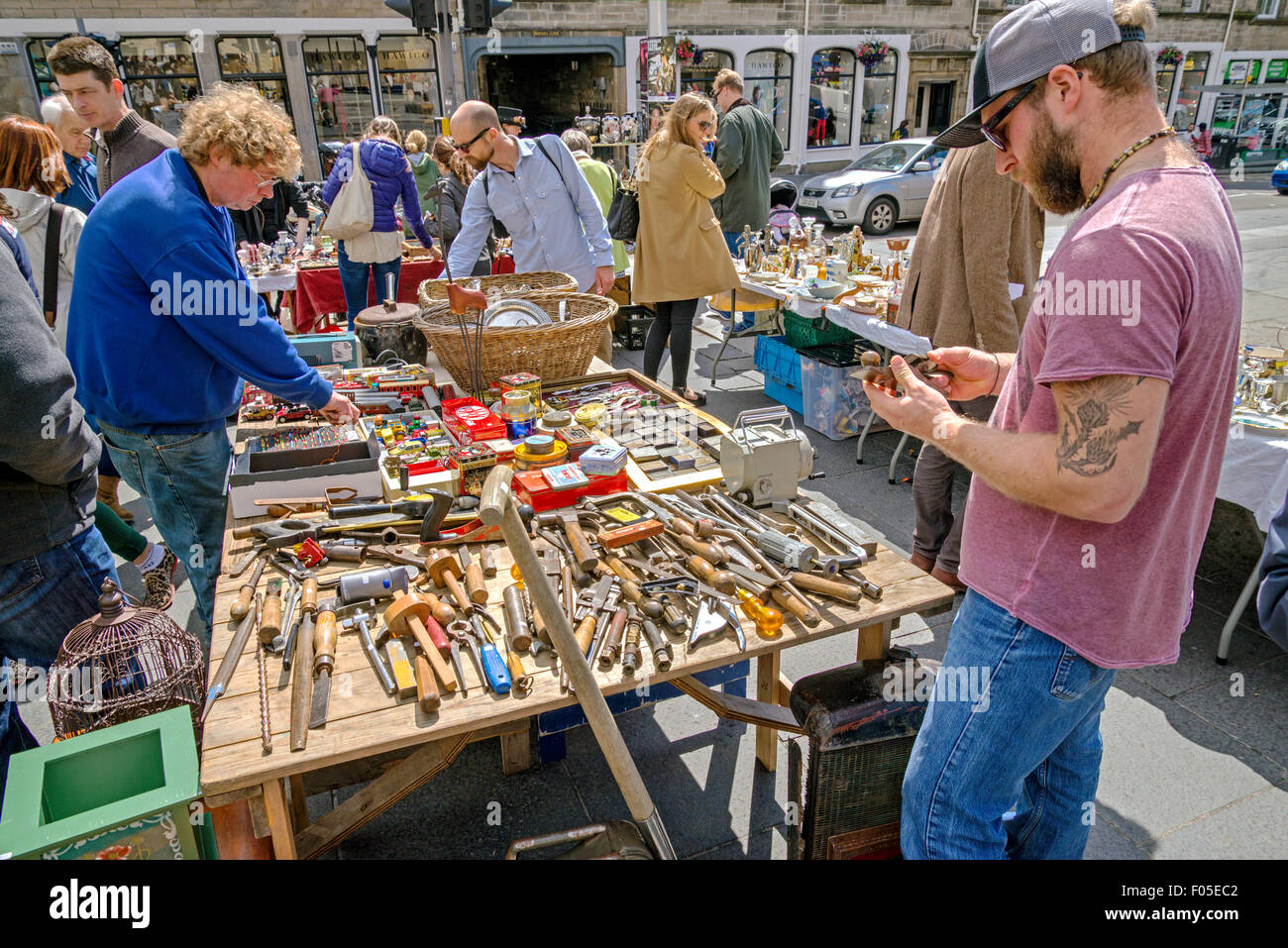 Bric-a-brac for sale on a stall in the Grassmarket during the annual Grassmarket Fair. Stock Photo