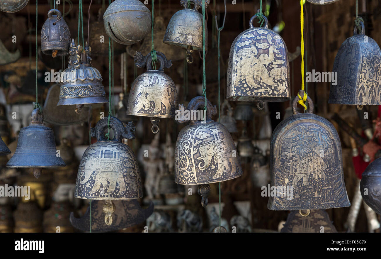 Souvenir engraved bells for sale near Htilominlo Paya, Bagan, Myanmar