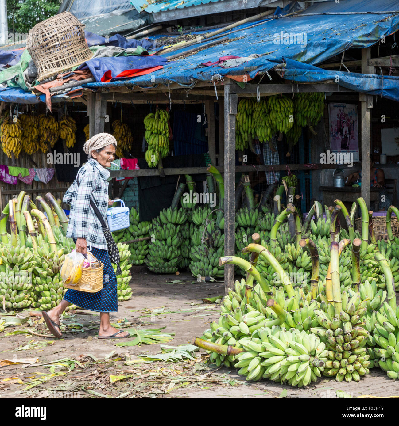 Elderly woman at wholesale banana market in Yangon, Myanmar Stock Photo