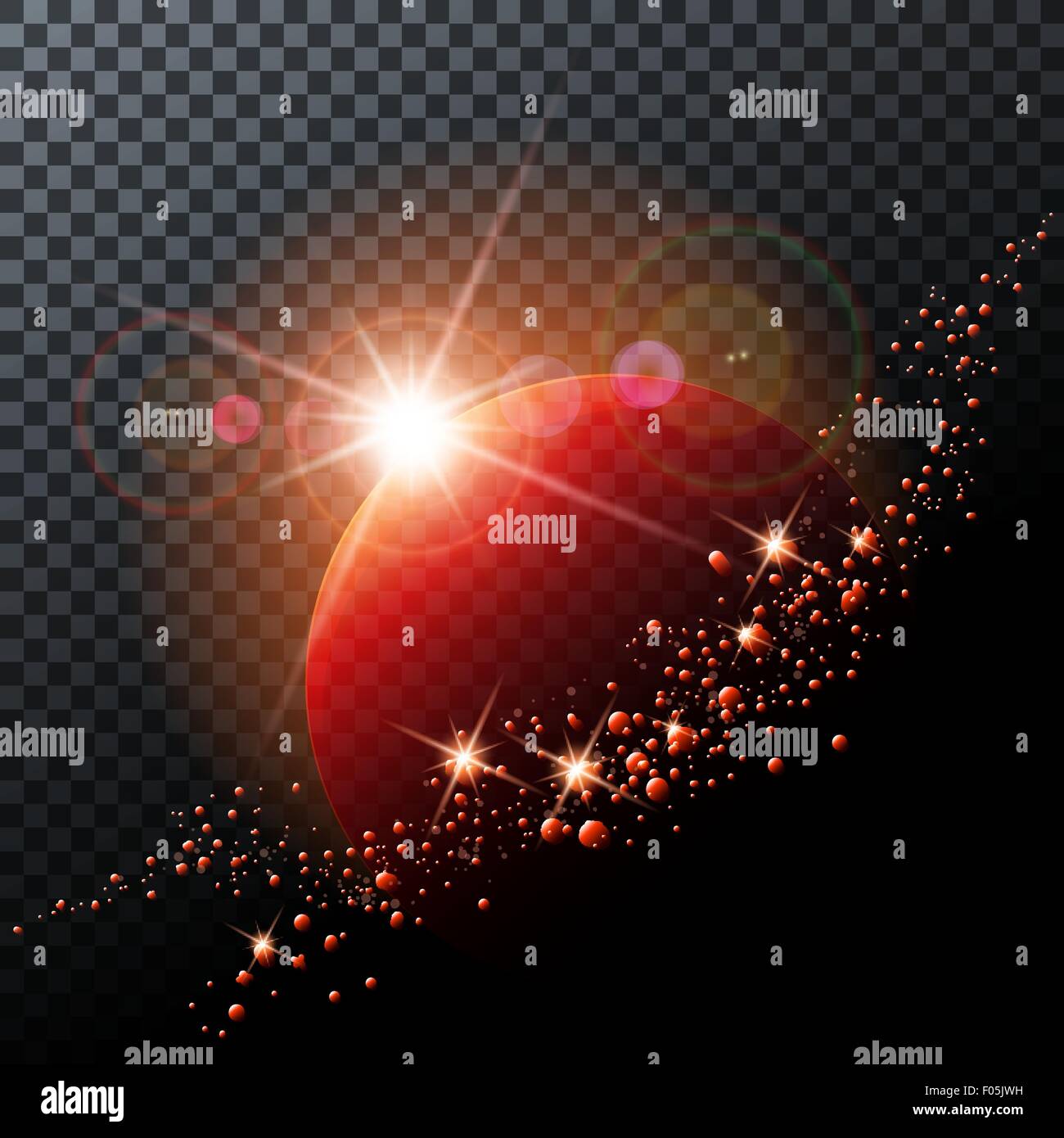 Glowing planet with asteroid belt on transparent background. Stock Vector