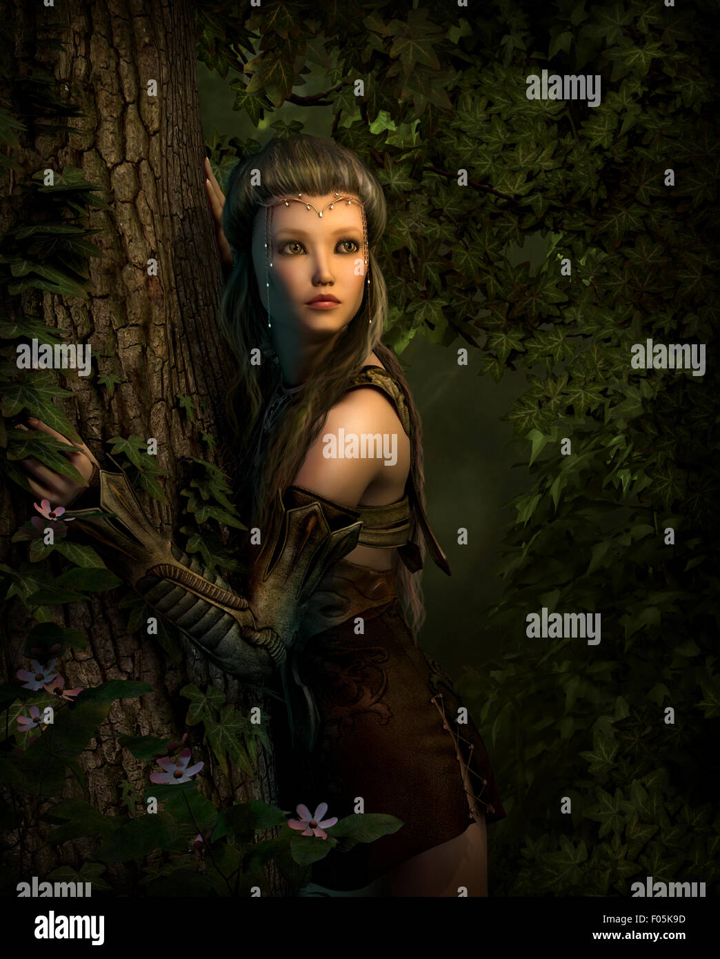 3d computer graphics of a girl, which leans against a tree Stock Photo