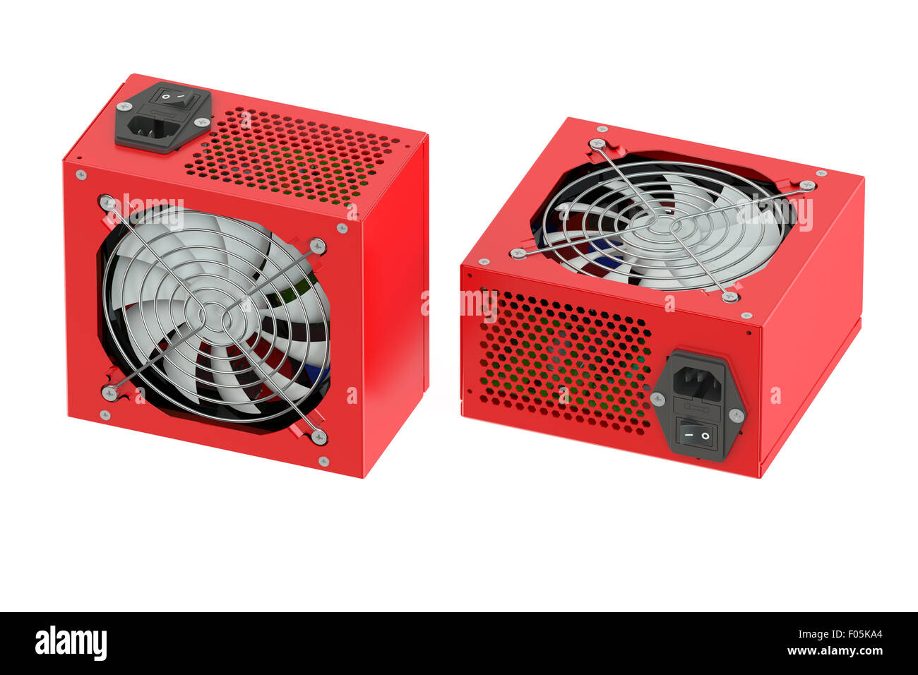 Two red computer Power Supply Units isolated on white background Stock
