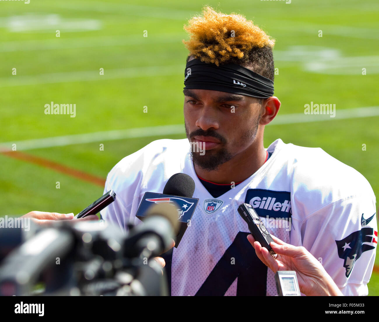 Gillette Stadium. 7th Aug 2015. New England Patriots wide receiver Chris Harper 14 is interviewed during NFL training camp at Gillette Stadium. Anthony Nesmith Cal Sport Media Alamy Live News Stock Ph...