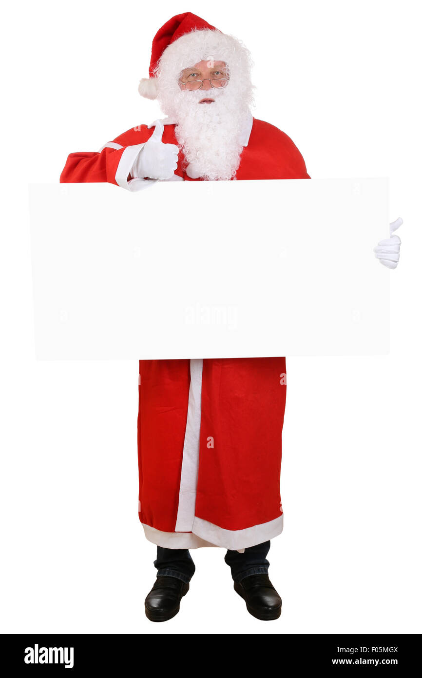 Santa Claus holding empty sign thumbs up on Christmas super good with copyspace Stock Photo