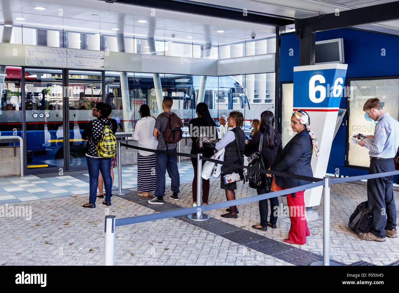 Cape Town South Africa,City Centre,Civic Centre Station,MyCiTi bus,stop,passenger passengers rider riders,waiting line,queue,SAfri150310107 Stock Photo
