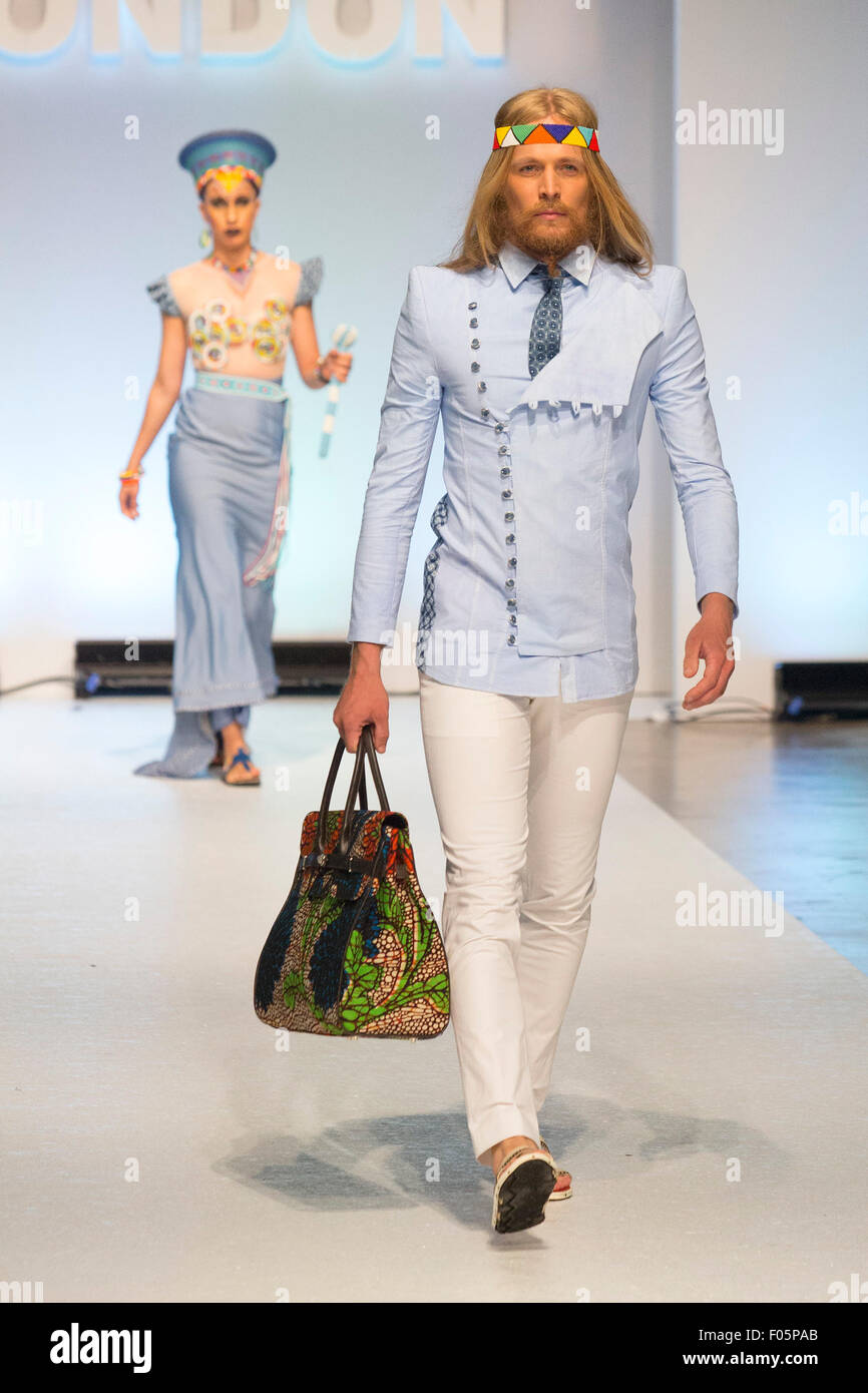 London, UK. 7 August 2015. Runway show by KZN Fashion Council - The South Africa Collection. Africa Fashion Week London 2015 showcases fashion and designers with market stalls and catwalk shows over two days (7-8 August 2015) at Olympica West. Photo: Nick Savage/Alamy Live News Stock Photo