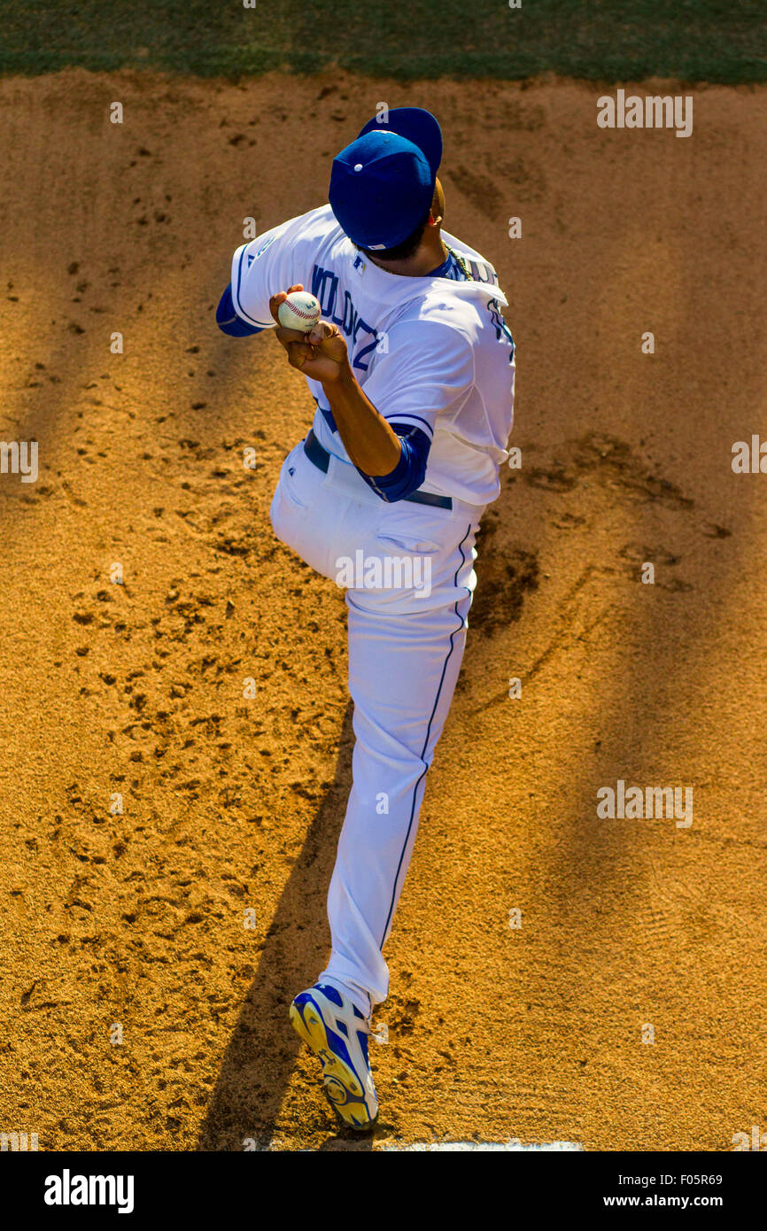 Kansas City Royals pitcher Edinson Volquez (36) talks to catcher Salvador  Perez during the third inning against the New York Mets in game 1 of the World  Series at Kauffman Stadium in