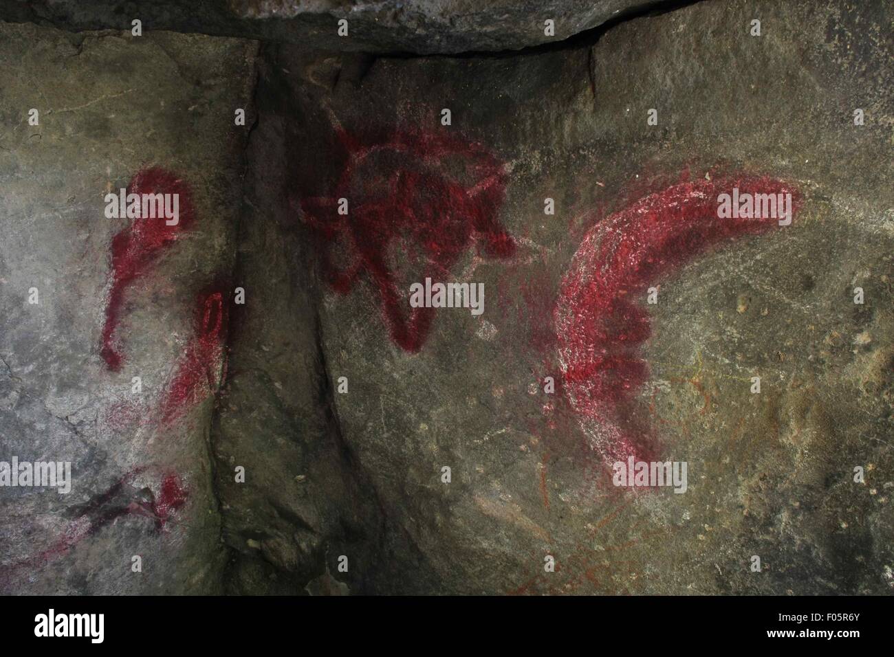 Tlaxcala, Mexico. 7th Aug, 2015. Cave paintings damaged with spray paint are seen in a cave in the Totolac municipality, Tlaxcala state, Mexico, on Aug. 7, 2015. According to local press, the cave paintings were damaged with spray paints in the ecotouristic area of Pena Pilares, which caused an irreversible damage. © NOTIMEX/Xinhua/Alamy Live News Stock Photo