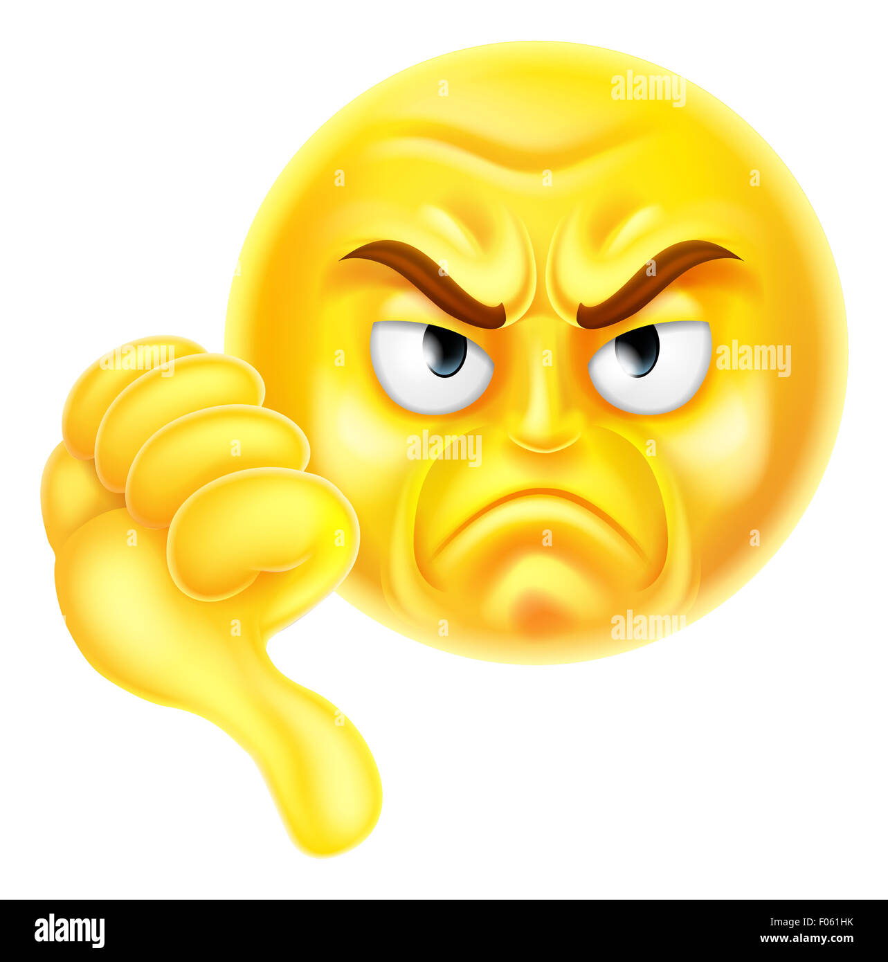 A cartoon emoji icon looking very disapproving or angry with his thumb down, he doesn't like it Stock Photo