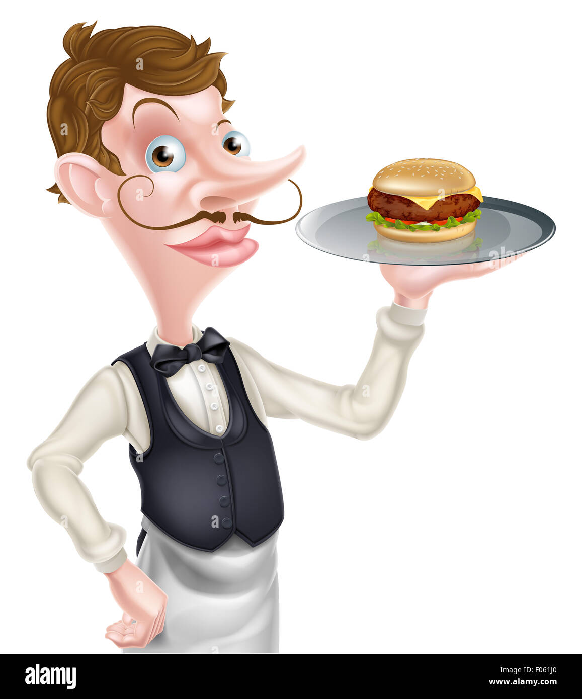 An illustration of a cartoon waiter holding a tray with a burger on it Stock Photo