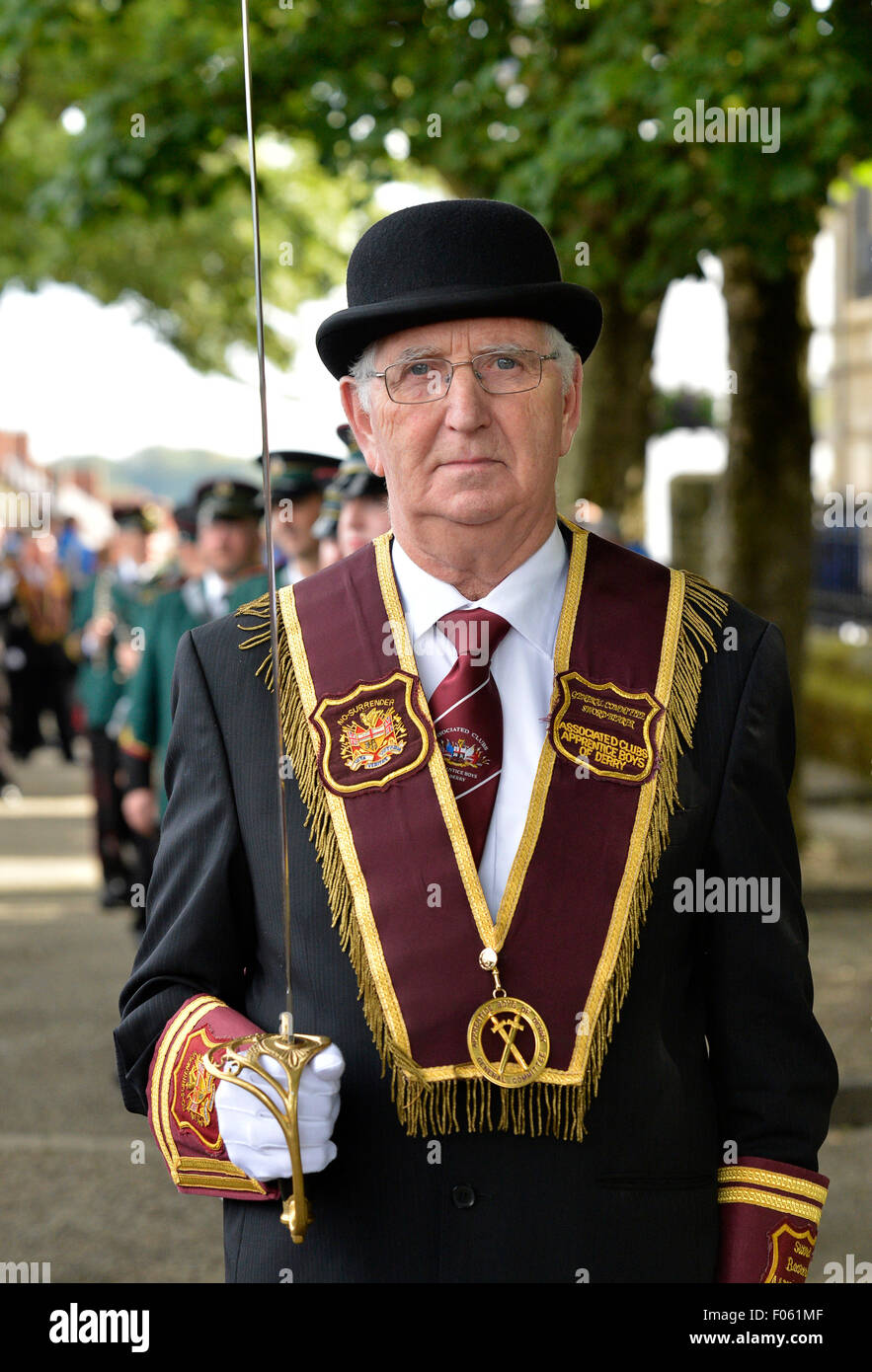 Londonderry, Northern Ireland. 8th Aug, 2015. The General Committee of the Apprentice Boys of Derry accompanied by members and bands parade on Derry Walls as part of the commemoration of the 326th Anniversary of the Relief of Londonderry. The Siege of Derry began in December 1688 and was lifted on 28 July 1689. Credit: George Sweeney / Alamy Live News Stock Photo