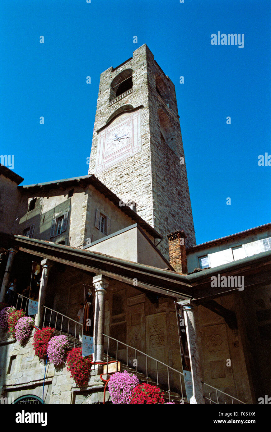 Italy, Lombardy, Bergamo Alta, Piazza Vecchia,  Palazzo del Podesta, Tower Stock Photo