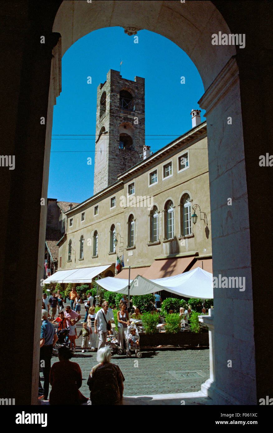 Italy, Lombardy, Bergamo, Bergamo Alta, Piazza Vecchia Square,Tower Stock Photo