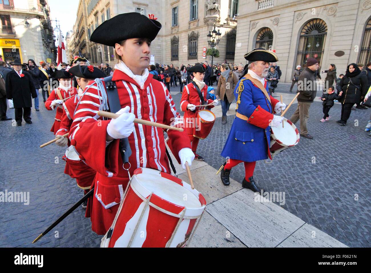 Performance of La Coronela, medieval citizen militia 1705-1714. Gothic area. Ciutat vella district. Barcelona. Catalonia. Spain. Stock Photo