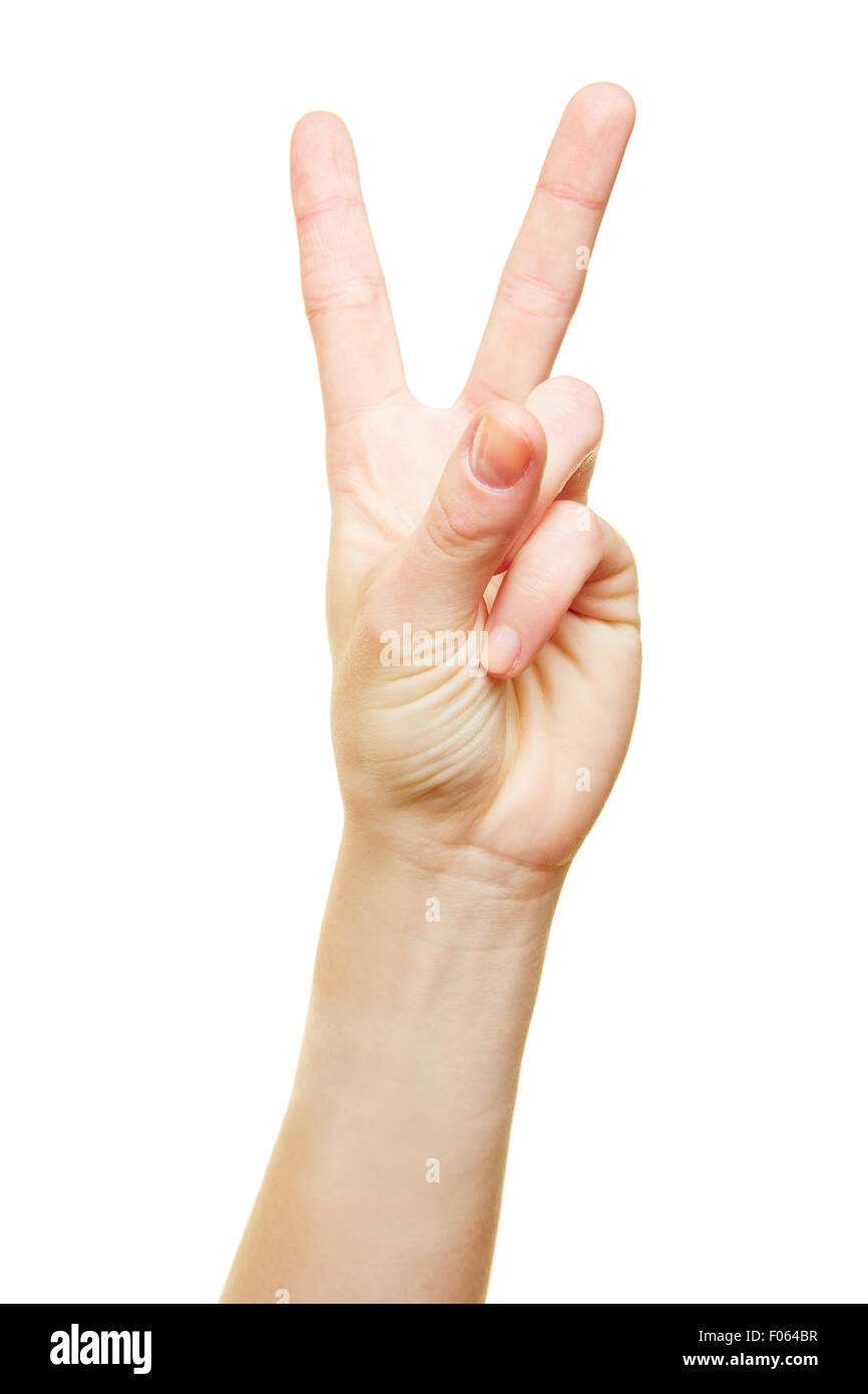 Hand showing victory sign with two raised fingers Stock Photo Alamy