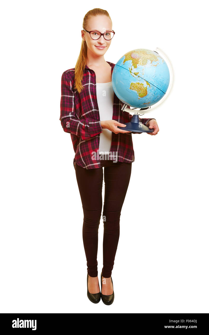 Full body shot of female teacher carrying a globe isolated on a white background Stock Photo