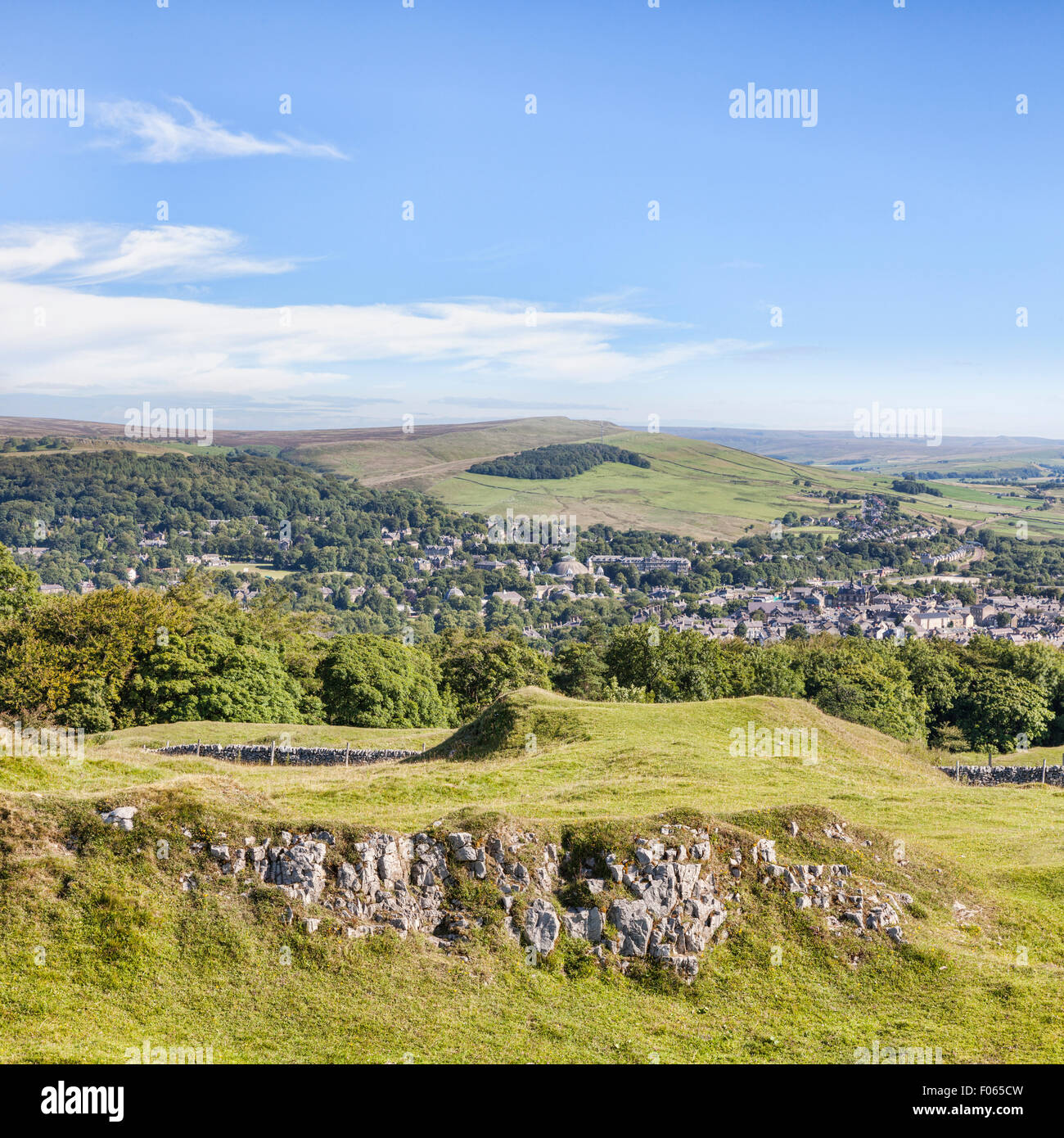 The Peak District town of Buxton from Grin Low and Buxton Country Park, Derbyshire, England Stock Photo