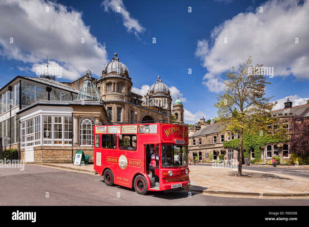 Sightseeing 'tram' departing from Buxton Opera House, Buxton, Derbyshire, England Stock Photo