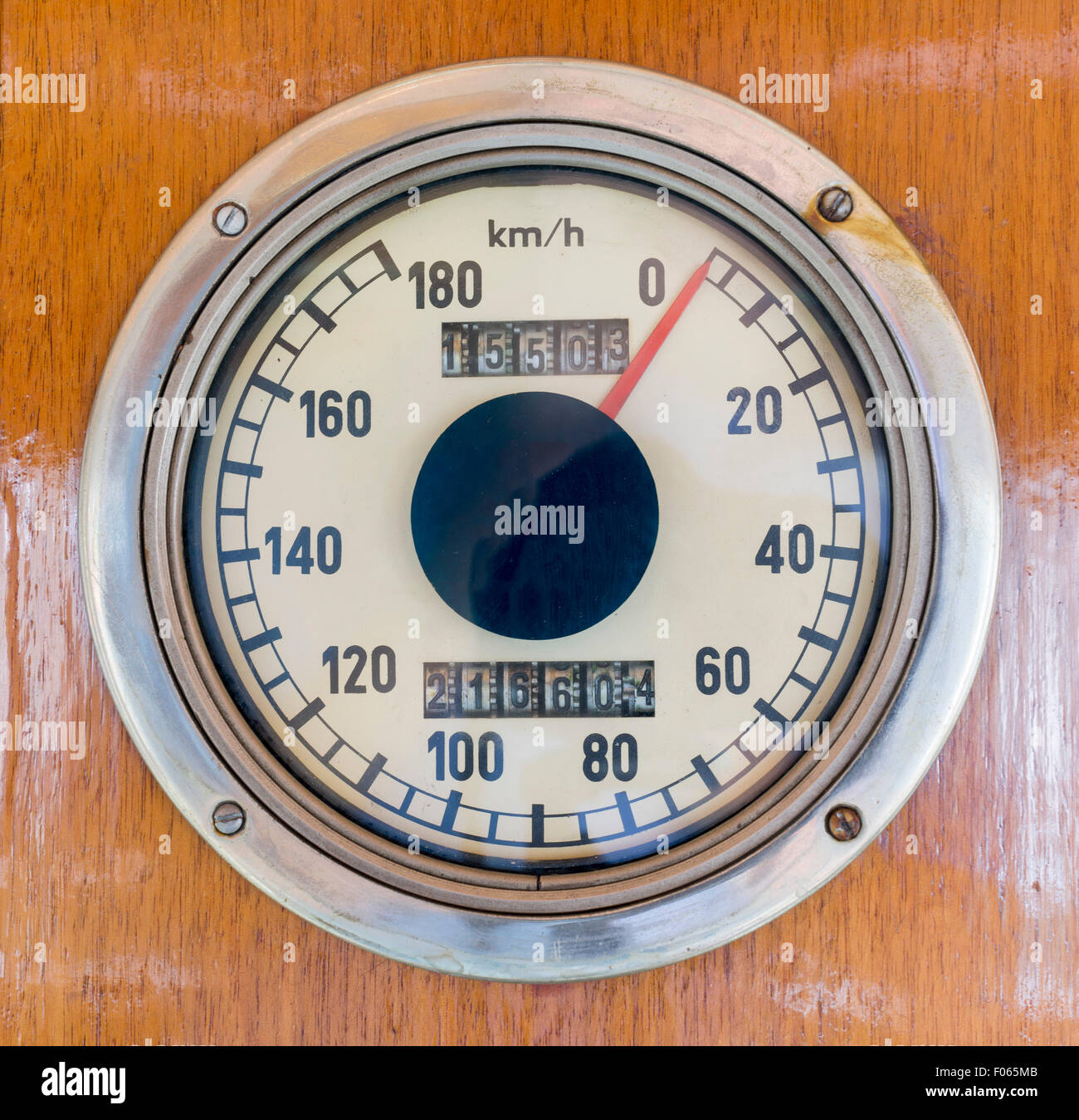 Km/h speedometer in an old-fashioned luxurt train car. Stock Photo
