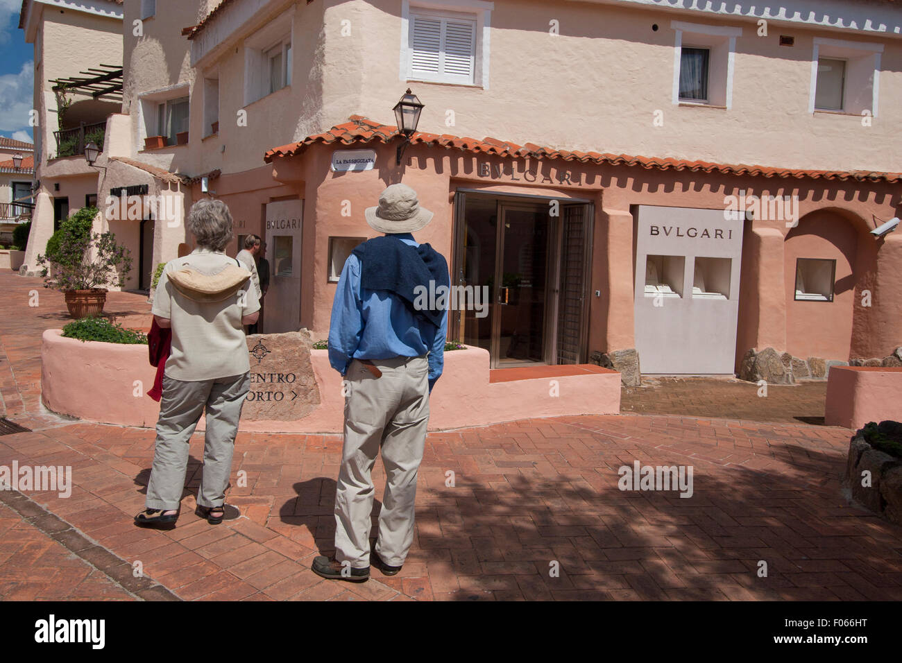 Tourists in front of Bulgari jeweller’s shop in Porto Cervo, Sardinia, Italy. Stock Photo