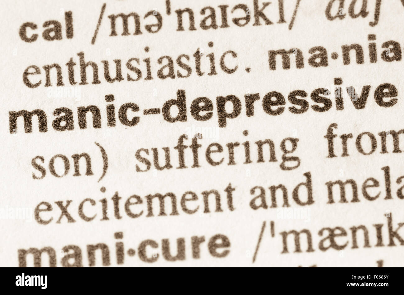 Definition of word manic-depressive in dictionary Stock Photo