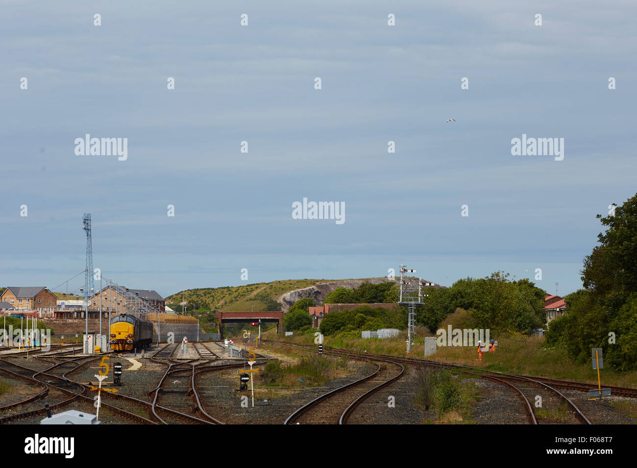 Barrow-in-Furness railway station Cumbrian coast line semaphore signals on the platform   Railways station hub central trains lo Stock Photo