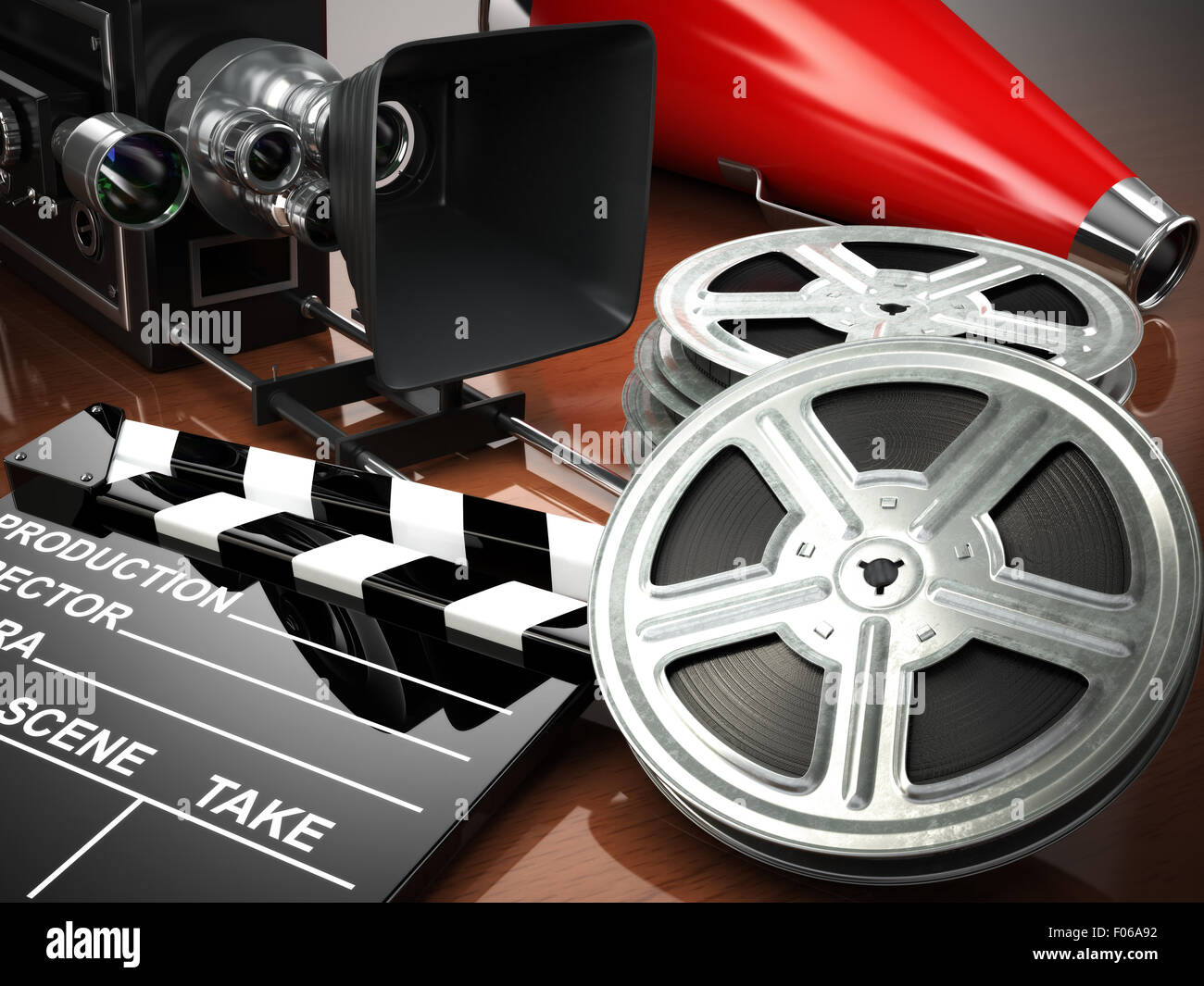 Video, movie, cinema vintage concept. Retro camera, reels and clapperboard.  3d Stock Photo - Alamy