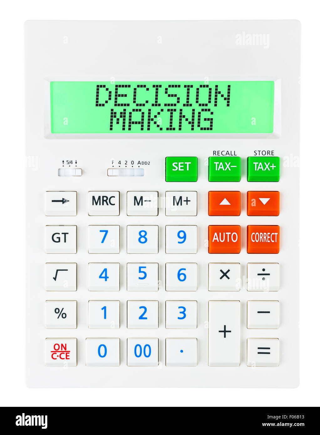 Calculator with DECISION MAKING  isolated on display on white background Stock Photo