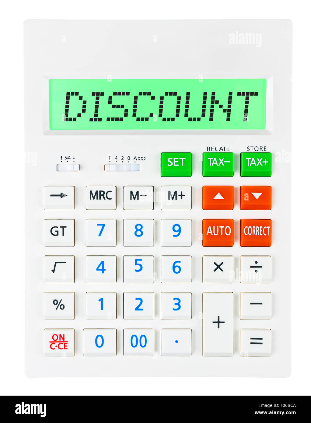 Calculator with DISCOUNT on display on white background Stock Photo