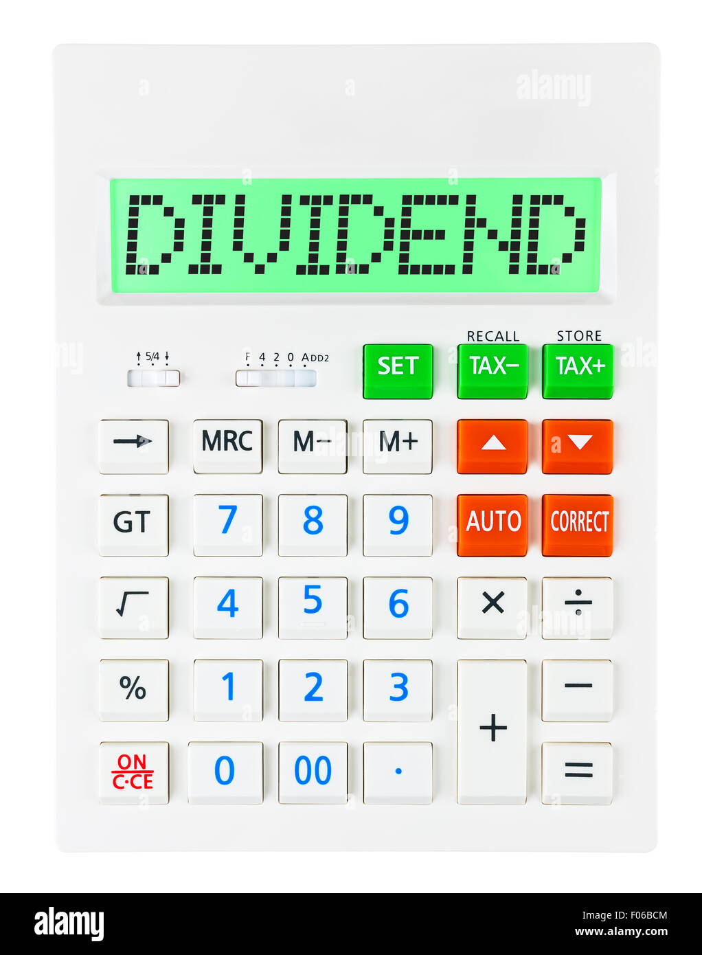 Calculator with DIVIDEND on display isolated on white background Stock Photo