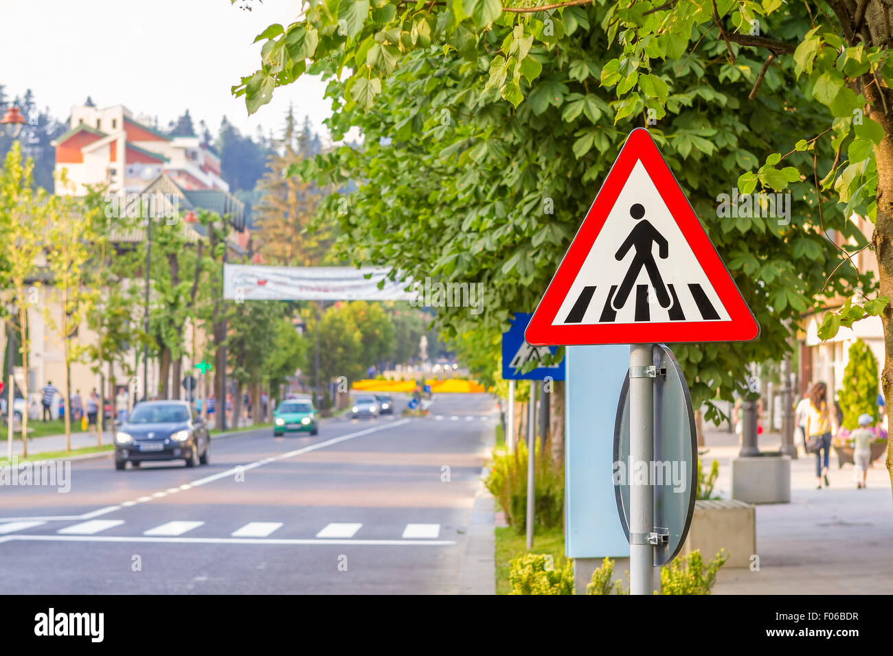 Zebra crossing, pedestrian cross warning traffic sign Stock Photo