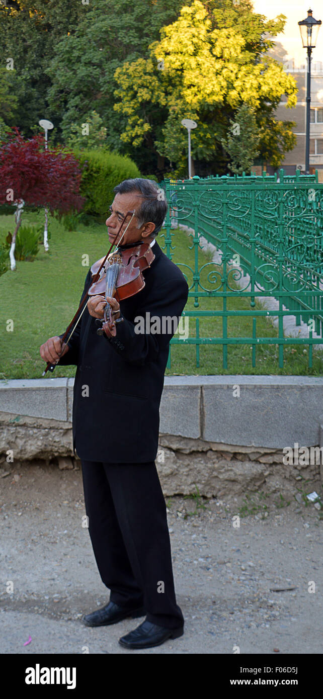 Romanian fiddler waits for wedding party in Bucharest, Romania Stock Photo