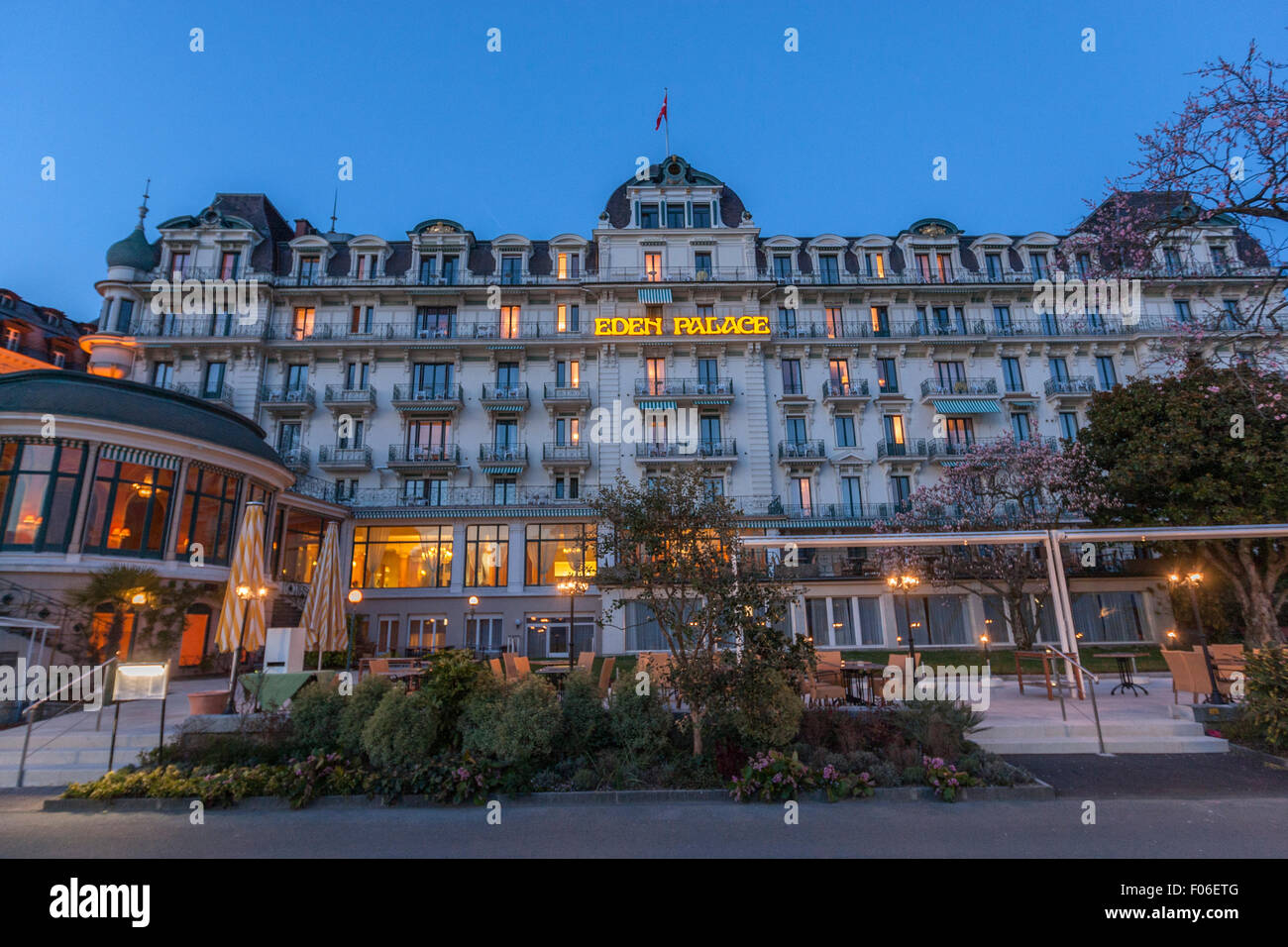 Eden Palace Hotel at dusk in Montreux Stock Photo