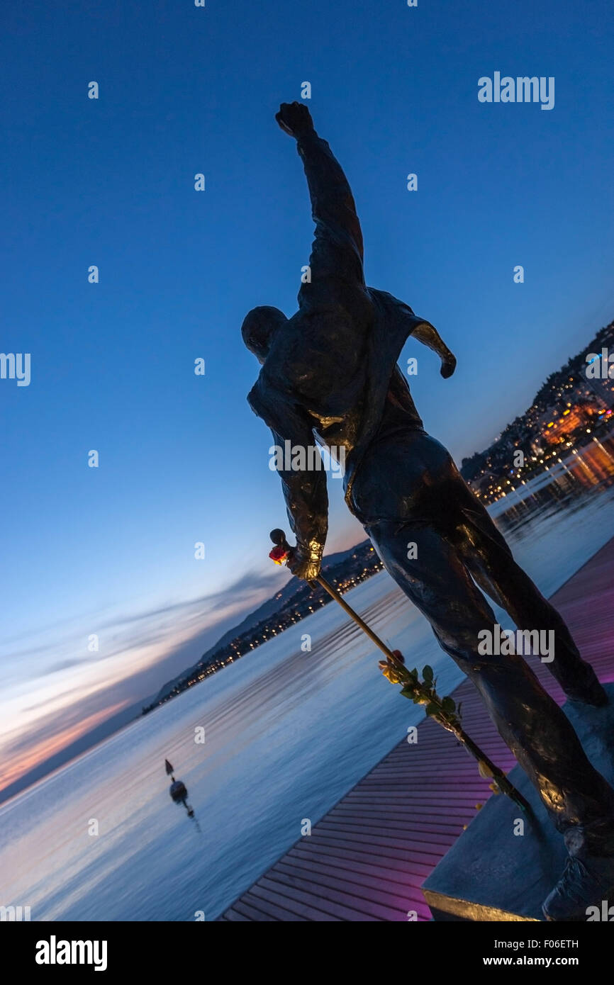 Freddie Mercury statue  by the Czech artist Irena Sedlecka, on Market Square facing  Lake Geneva. Montreux Stock Photo